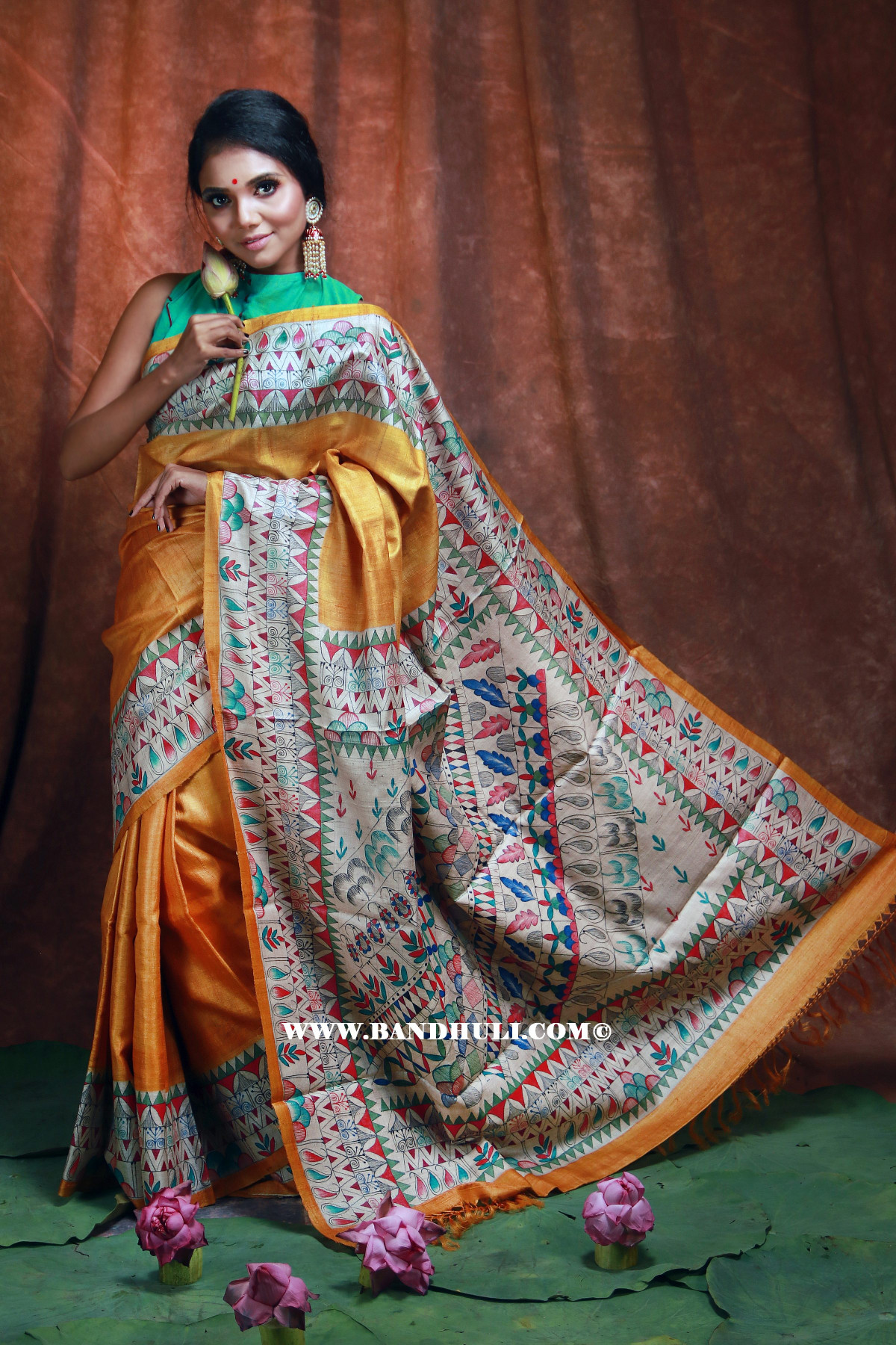 Golden Madhubani Painted Tussar Saree
